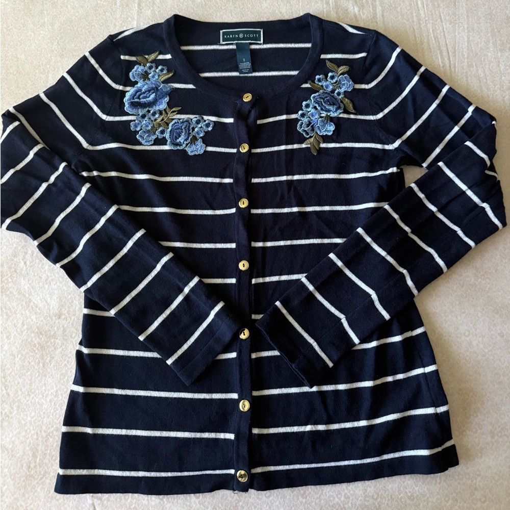 Karen Scott Dark Blue and White Striped cardigan